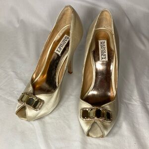 Badgley Mischka Cream Satin Pumps with Rhinestones, Size 8.5